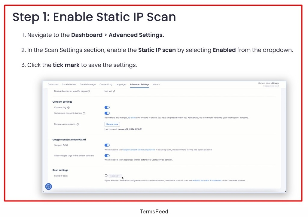 Screenshot of the CookieYes - Documentation - CookieYes Scanning by Whitelisting IP Address - step 1 - Enable Static IP scan