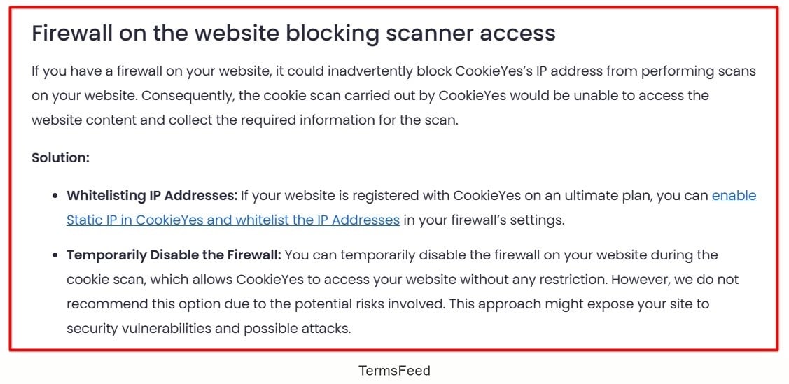 Screenshot of the CookieYes - Documentation - Why Does the Cookie Scan for My Website Fail - highlighted