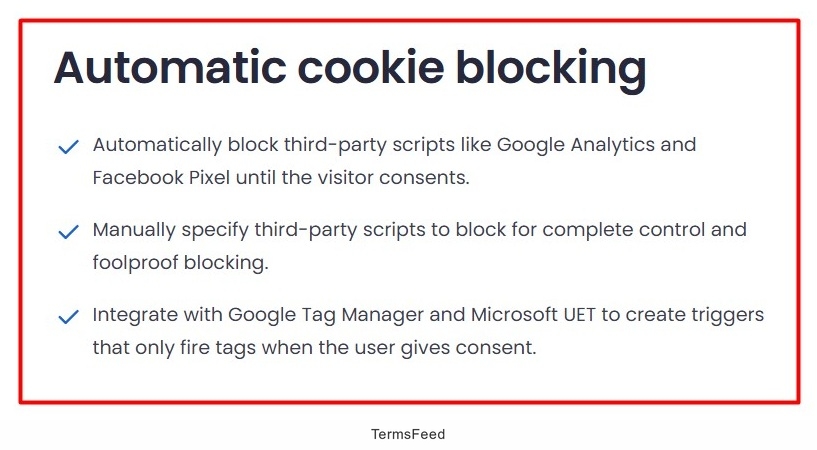 Screenshot of the CookieYes feature - Automatic cookie blocking