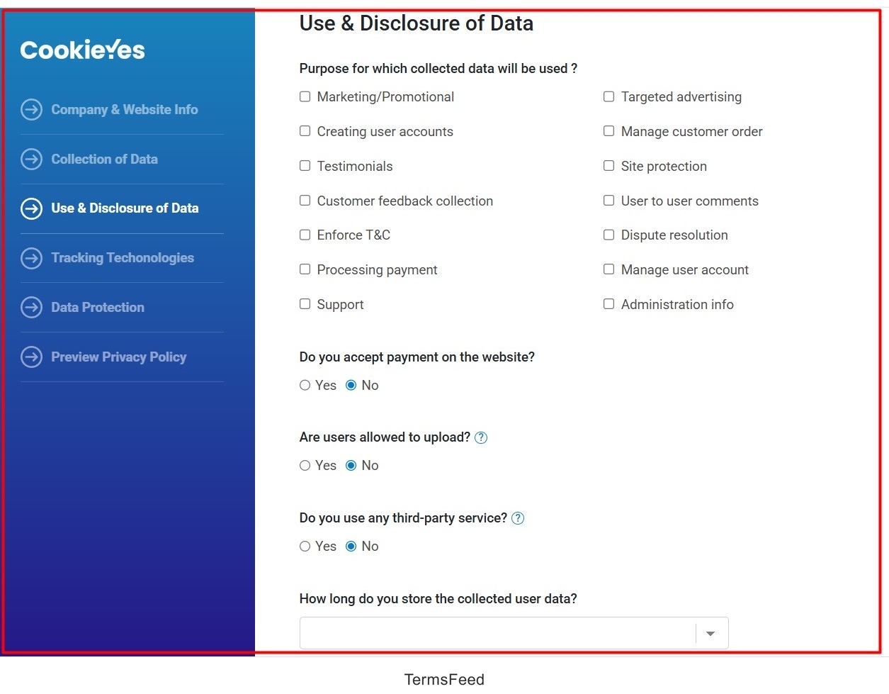 Screenshot of the CookieYes - Privacy Policy Generator - Use and disclosure of data