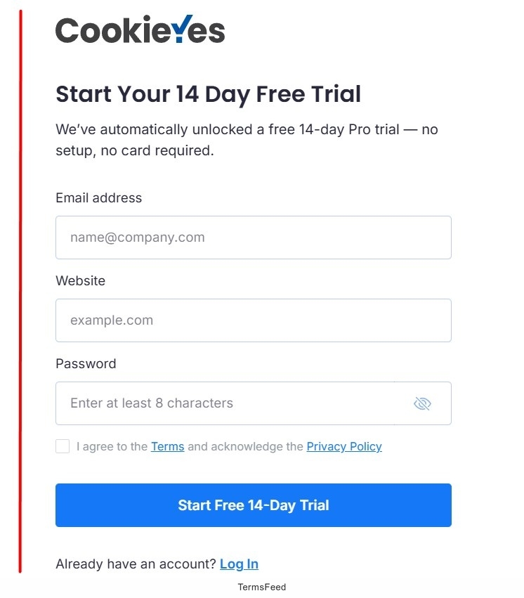 CookieYes sign up page - Start free trial