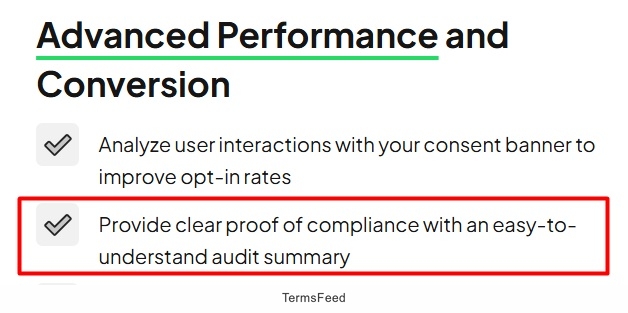 Screenshot of the Advanced performance and conversion with feature that provide clear proof of compliance from Enzuzo