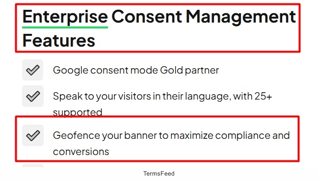 Screenshot of the Enzuzo home page with Enterprise Consent Management Features highlighted