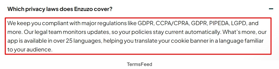 Screenshhot of the FAQ answer on Privacy laws that Enzuzo covers