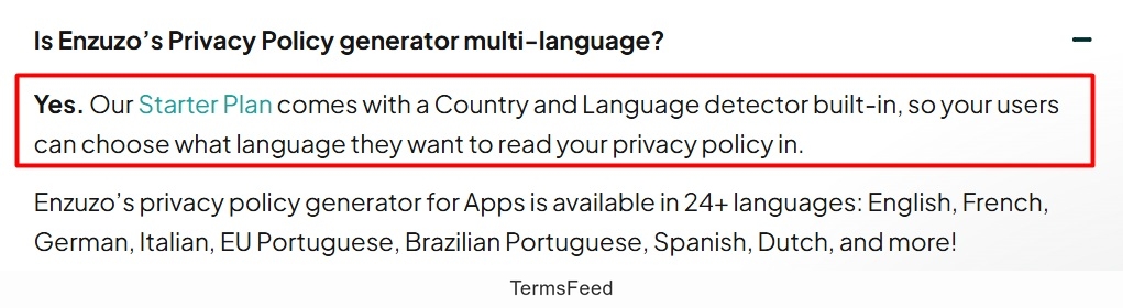 Screenshot of the Enzuzo Data compliance for mobile apps - FAQ - Multilanguage on Starter plan