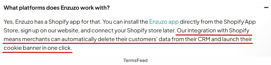 Screenshot of the Enzuzo Shopify Plus page FAQ with platform integration highlighted