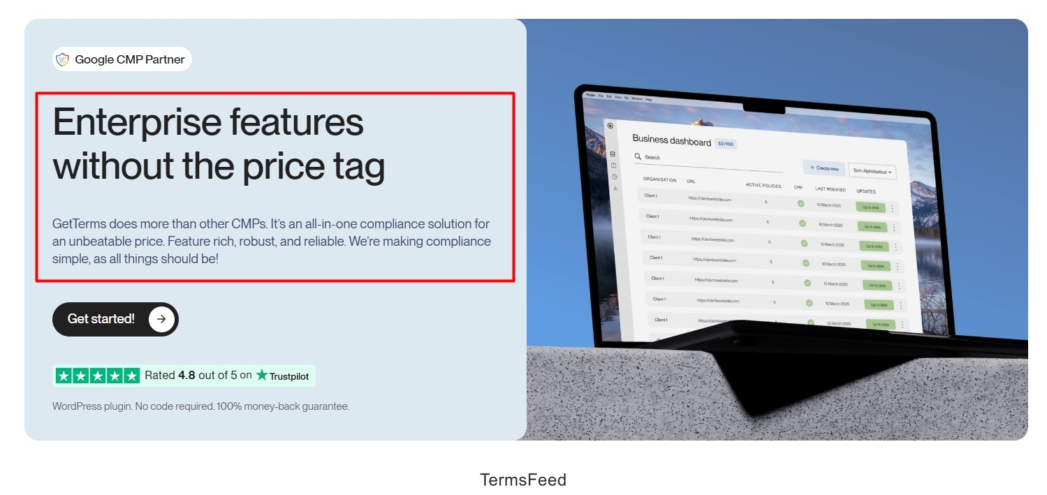 Screenshot of the Getterms.io Consent feature - WordPress plugin
