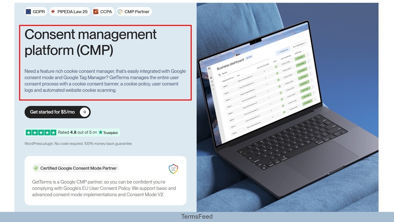 Screenshot of the Getterms.io consent management platform