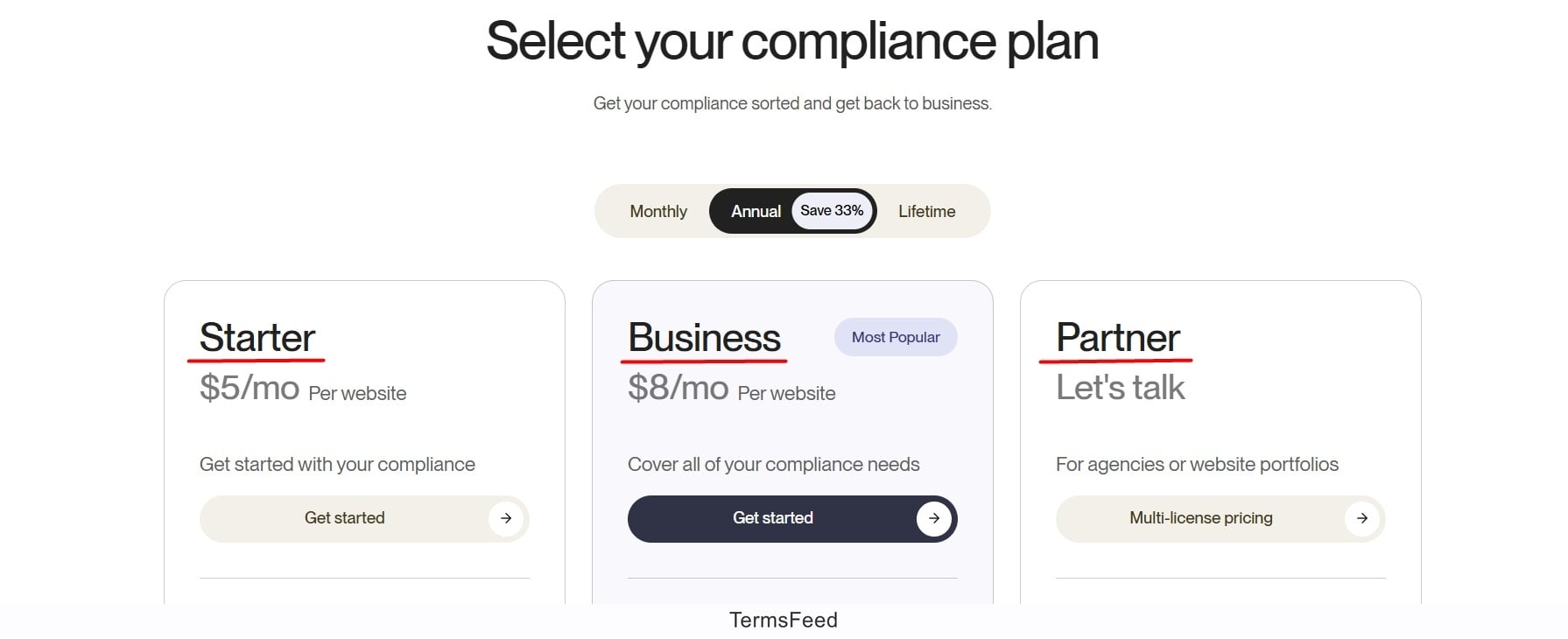 Screenshot of the Getterms.io pricing page