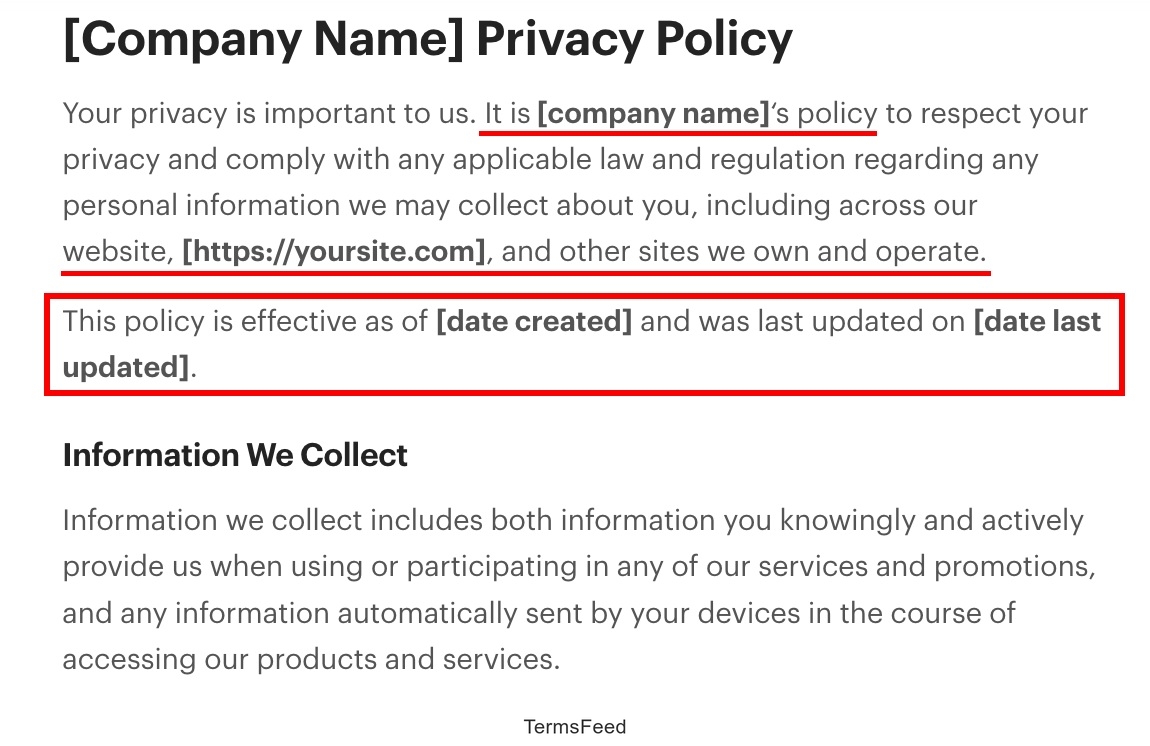 Example of the Privacy Policy Template from Getterms.io