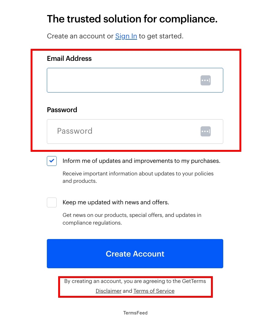 Getterms.io sign-up page form