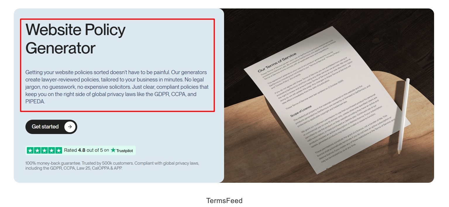 Screenshot of the Getterms.io website policy generator