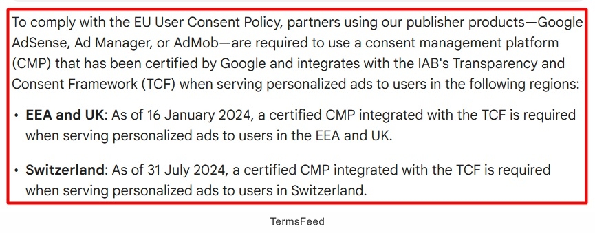 Screenshot of the Google consent management requirements for serving ads in the EEA, the UK, and Switzerland (for publishers) - highlighted