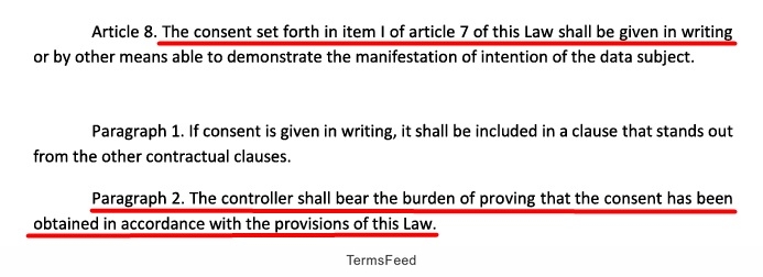 Exceprt of the LGPD - Article 8 - Consent shall be given in writing and in para 2 controller bear burder of proving