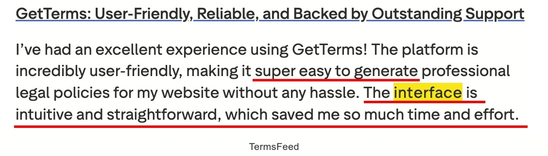 Trustpilot of the Getterms.io review - interface - highlighted