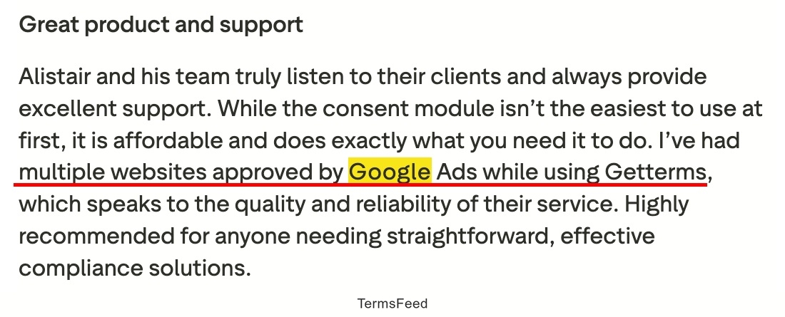 Trustpilot Getterms.io - product review - highlighted
