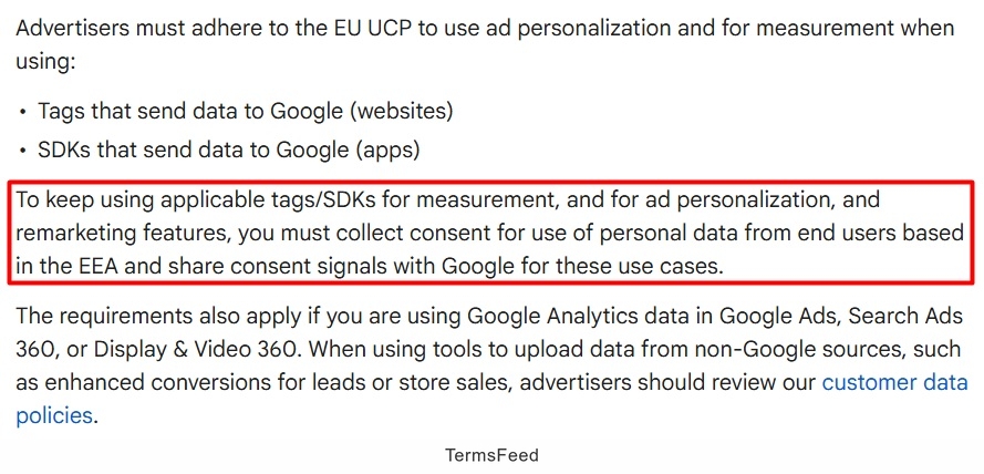 Screenshot of the Google support for the Update of the Consent Mode for the EEA