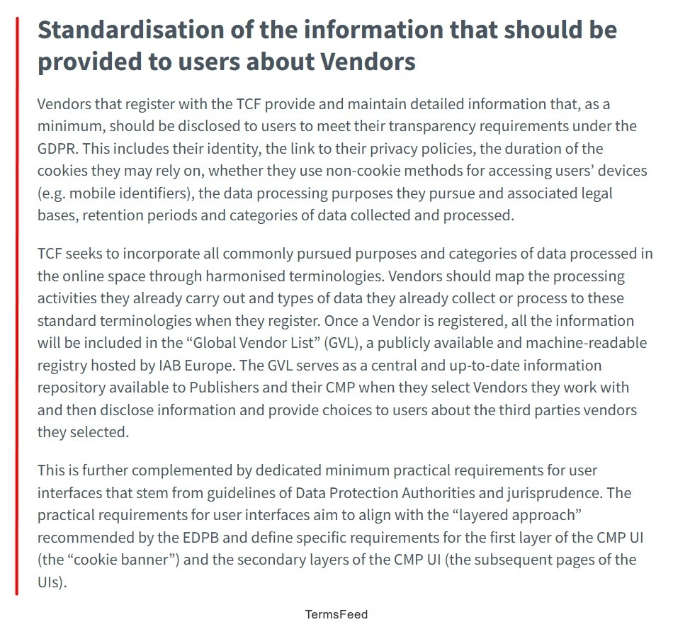 Screenshot of the IAB Europe Standardization principles information provided to vendors