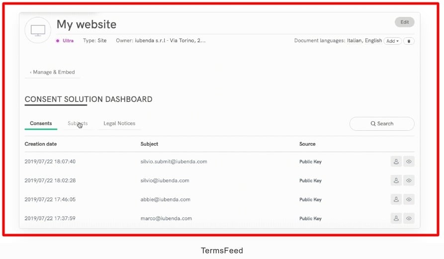 Screenshot of the Consent Solution Dashboard from the Iubenda Help