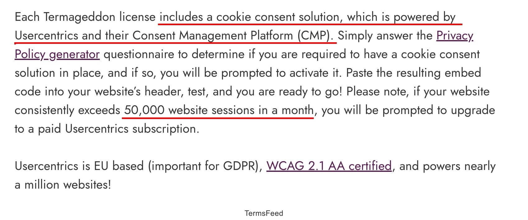 Screenshot of the Termageddob license tools include cookie consent solution