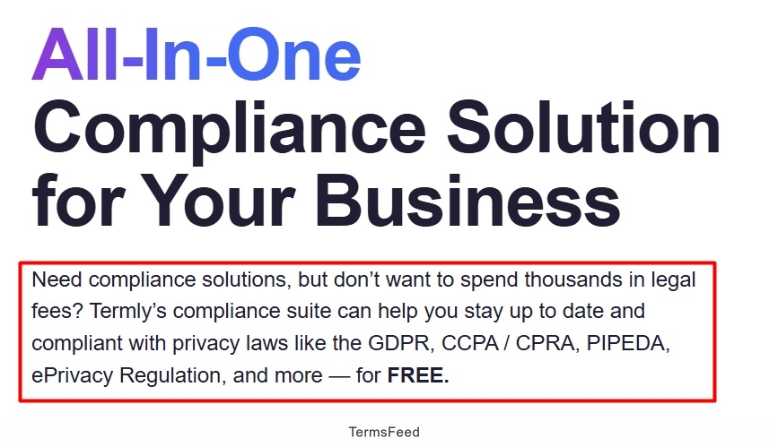 Screenshot of the Termly's home page - All-in-one compliance solutions