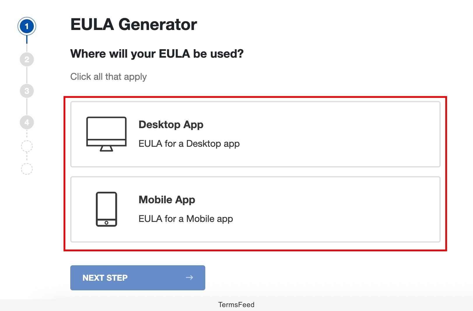 Screenshot of the TermsFeed EULA Generator - Step 1