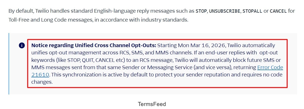 Twilio Support for Opt-Out Keywords - Notice regarding Unified Cross-Channel Opt-Outs