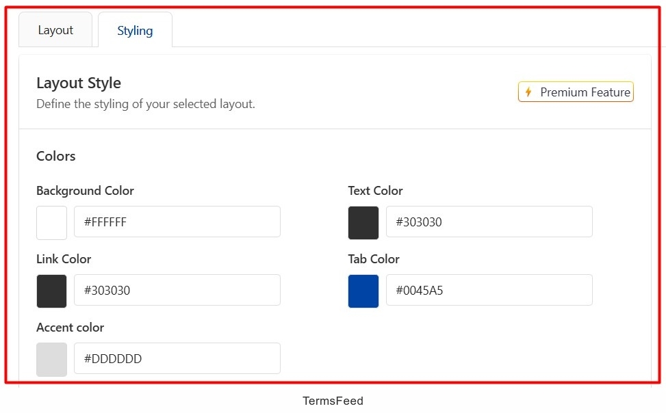 Screenshot of the Usercentrics Configuration Banner display styling colors highlighted