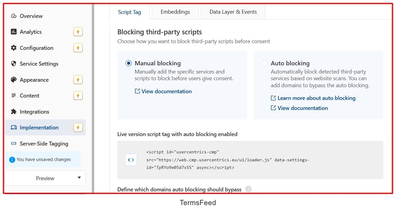 Screenshot of the Usercentrics Configuration Banner Script tag - Blocking third-party scripts