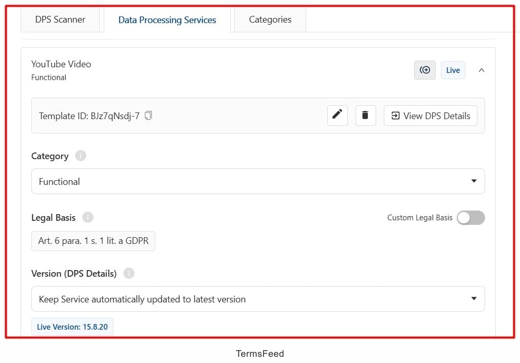 Screenshot of the Usercentrics Data Processing Services options