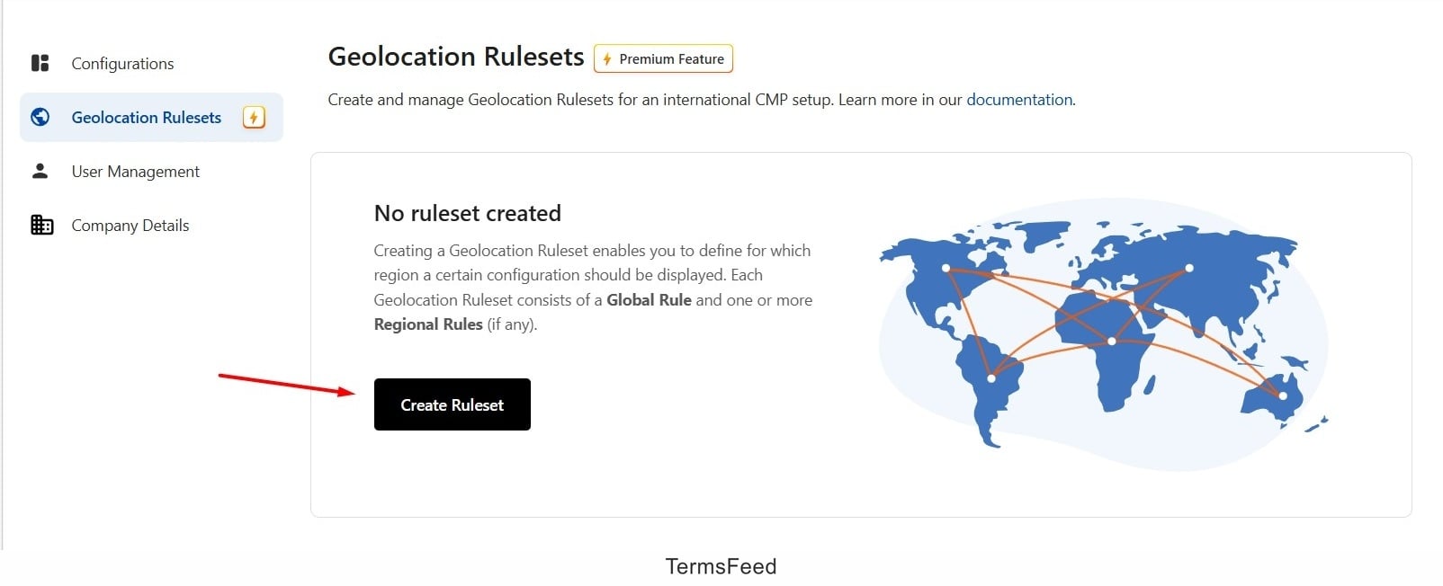 Screenshot of the Usercentrics Geolocation Rulesets - create option highlighted