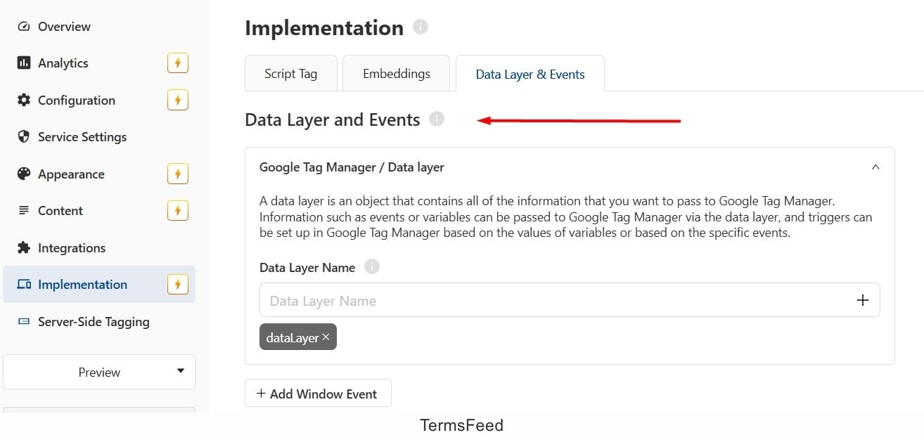 Screenshot of the Usercentrics Implementation Data layer events