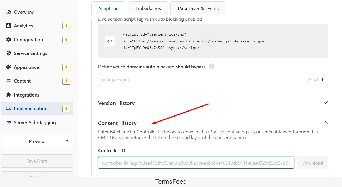 Screenshot of the Usercentrics Implementation Script tag consent history highlighted