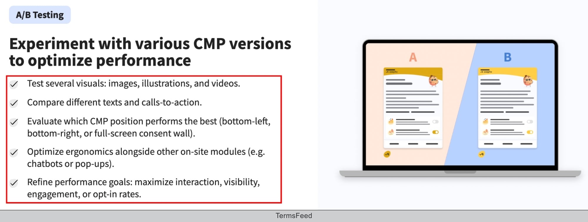 Screenshot of the Axeptio cookie banner A-B testing options