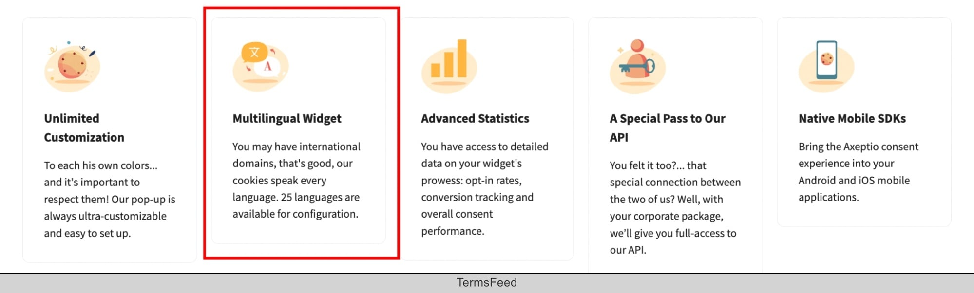 Screenshot of the Axeptio Enterprise Features - Multilingual Widget highlighted