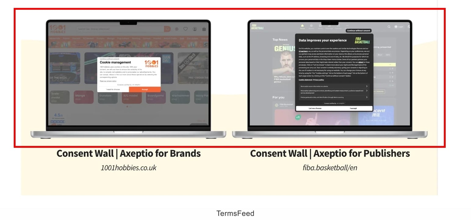 Screenshot of the Axeptio Consent Wall options for Brands and Publishers