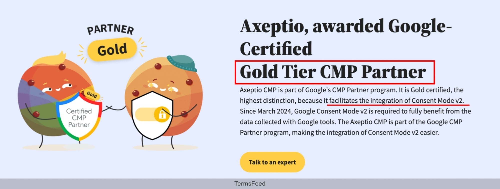 Screenshot of the Axeptio Google awarded certified partner - integration of the GCM V2