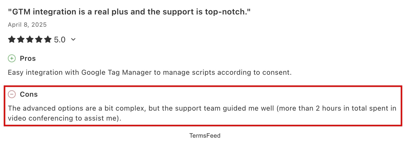 Screenshot of the Capterra reviews - Axeptio - Cons - advanced options complex - highlighted