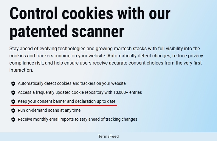 Excerpt of the Cookiebot cookie consent solution - control cookies with our patented scanner