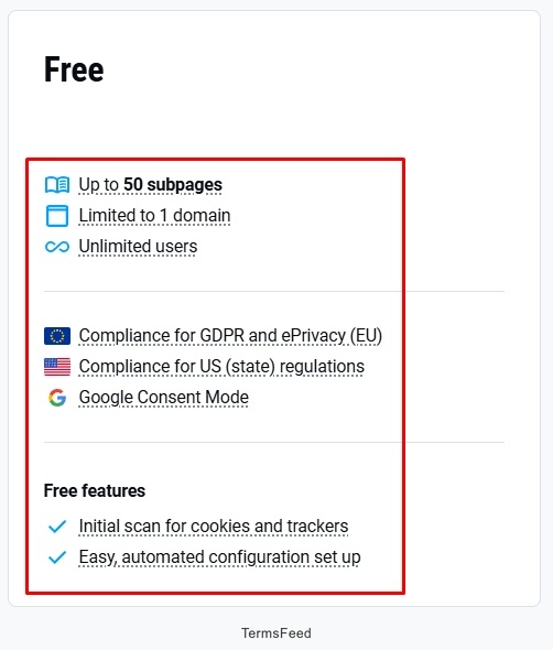 Screenshot of the Cookiebot pricing free offer excerpt