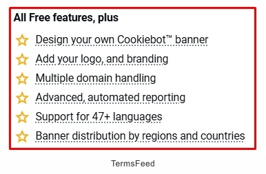 Screenshot of the Cookiebot pricing premium package offer excerpt