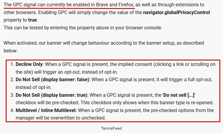 Excerpt of the Cookiebot - Support - Global Privacy Control Signal Support
