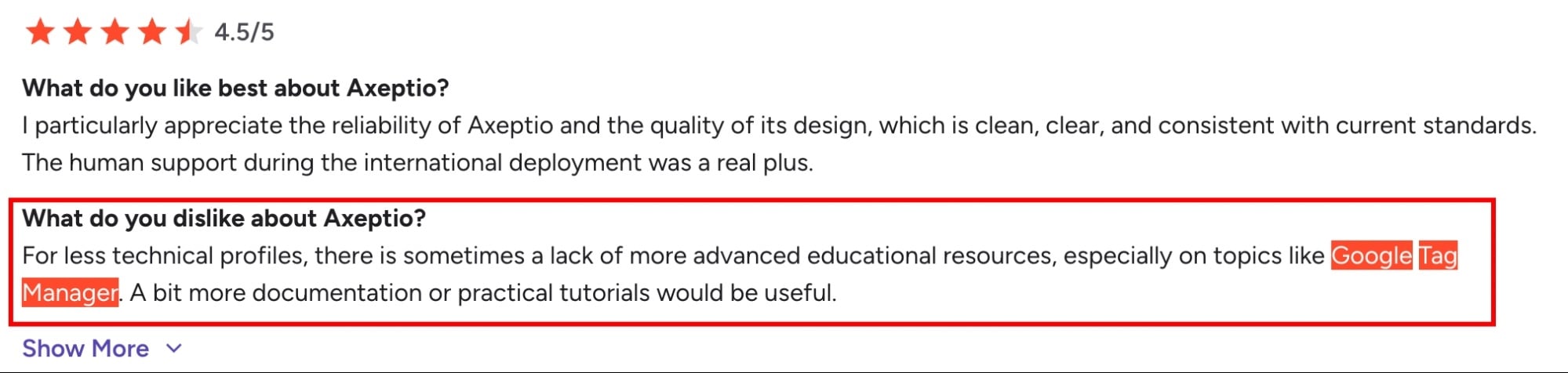 Screenshot of the G2 review of Axeptio with lack of documentation for Google Tag Manager highlighted