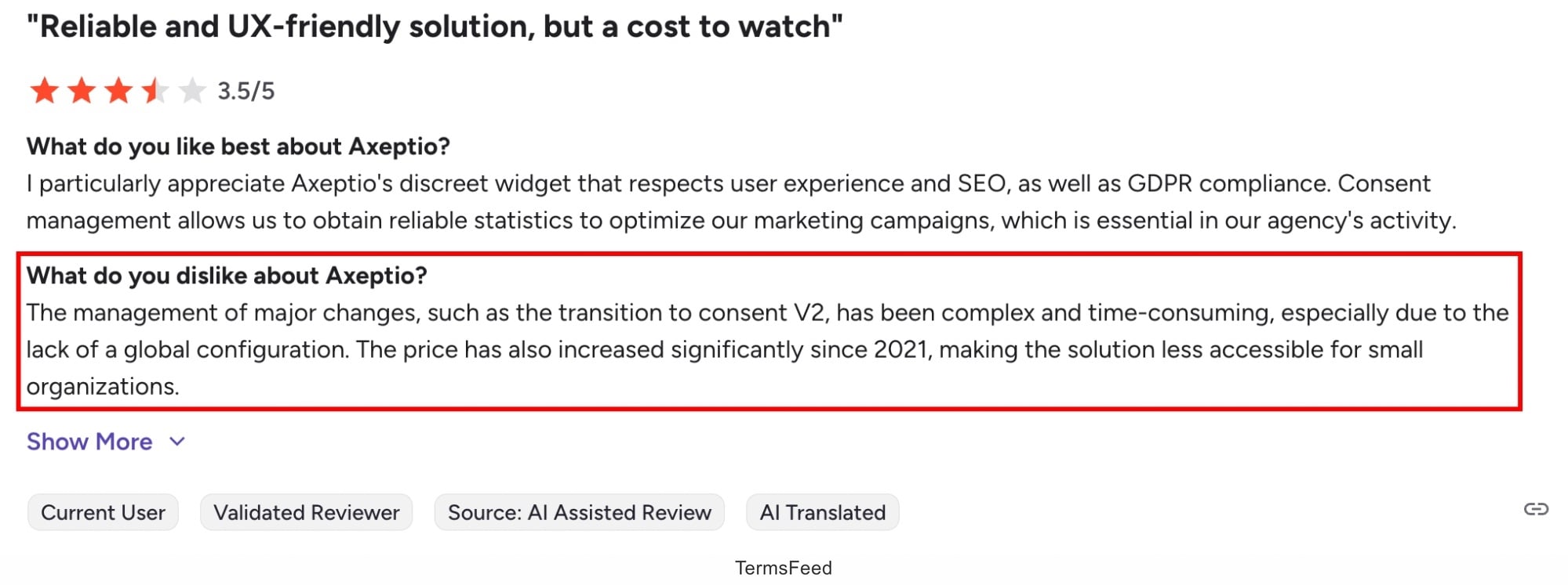 Screenshot of the G2 review of Axeptio with pricing highlighted