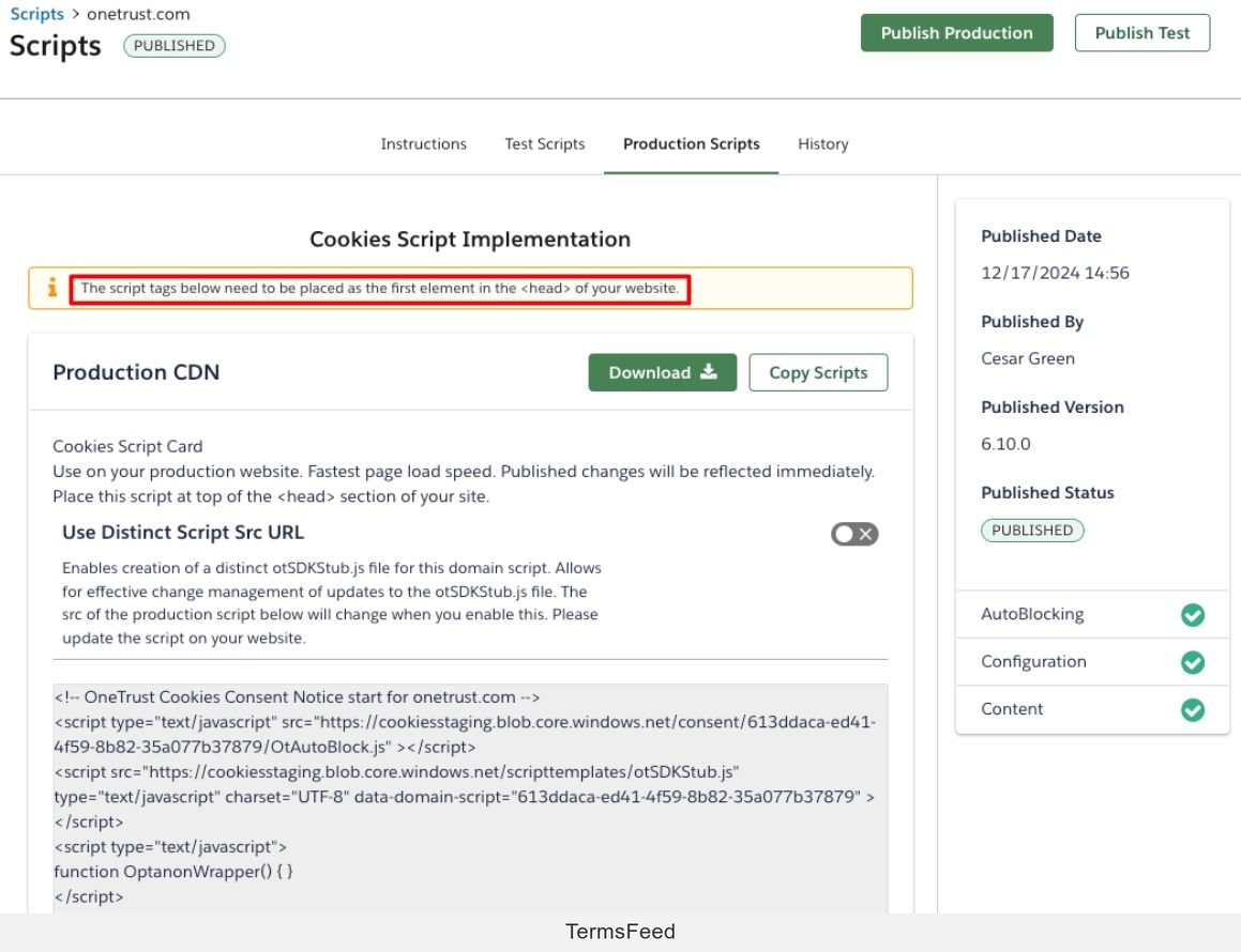 OneTrust Cookie Script Implementation