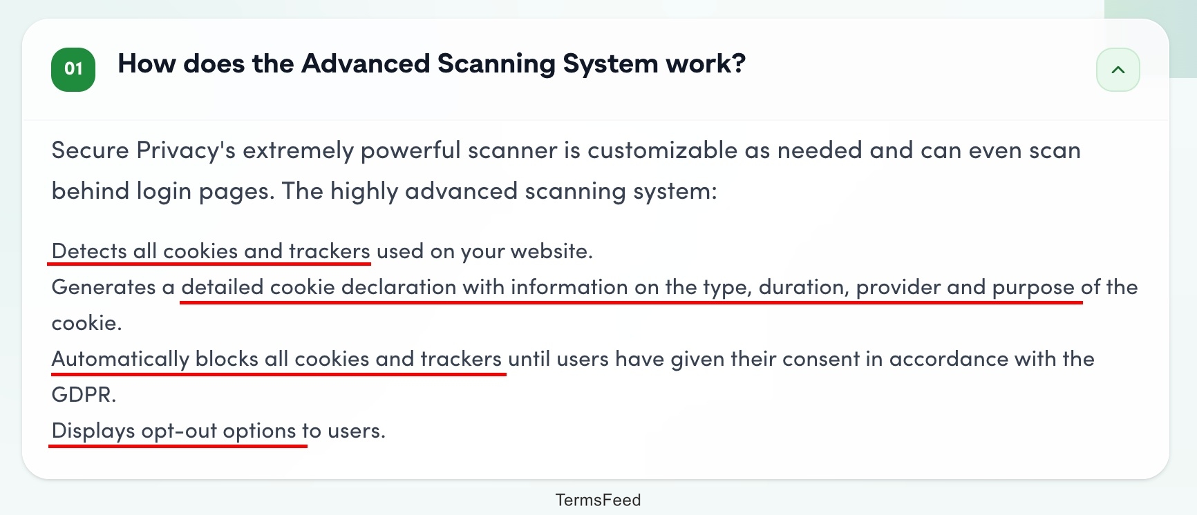 Screenshot of the Secure Privacy Cookie SSL Website Scanning feature - FAQ highlighted