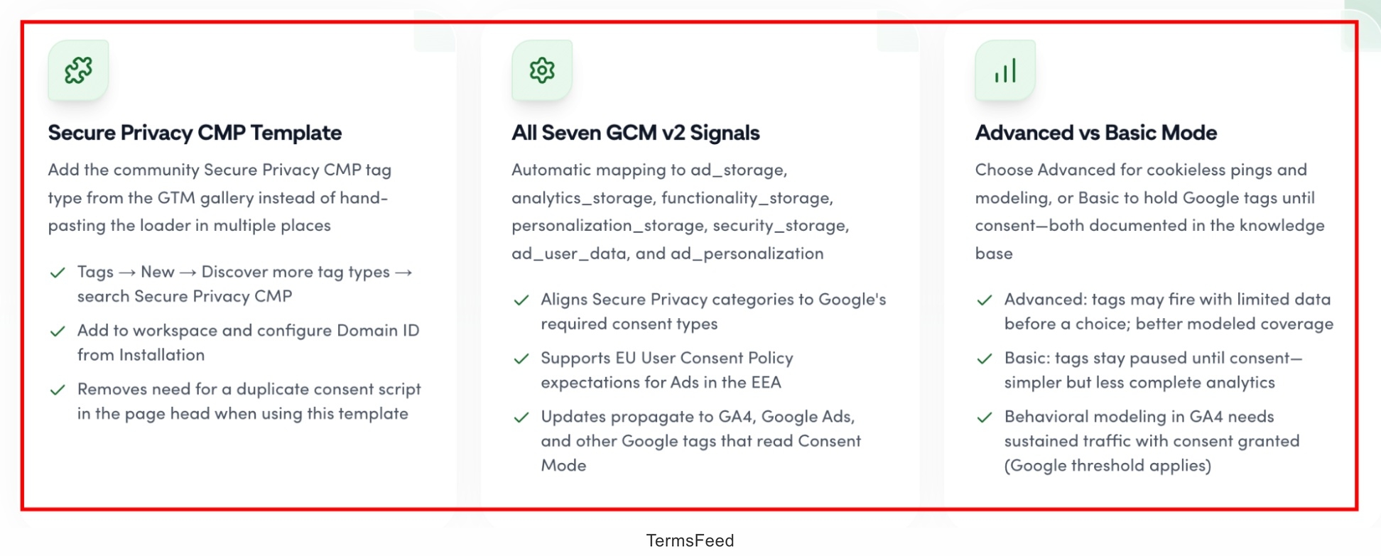 Screenshot of the Secure Privacy Integrations - Google Consent Mode - excerpt