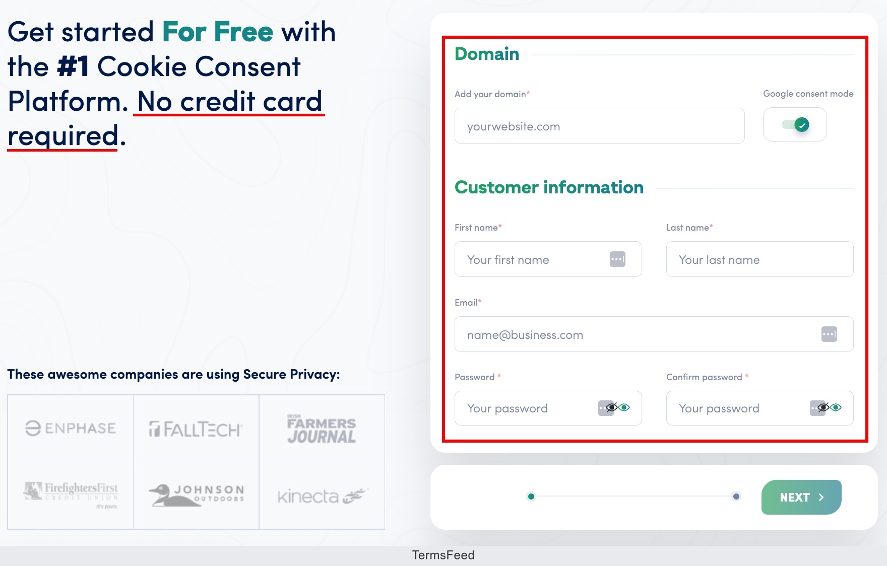 Screenshot of the Secure Privacy - Sign up form highlighted