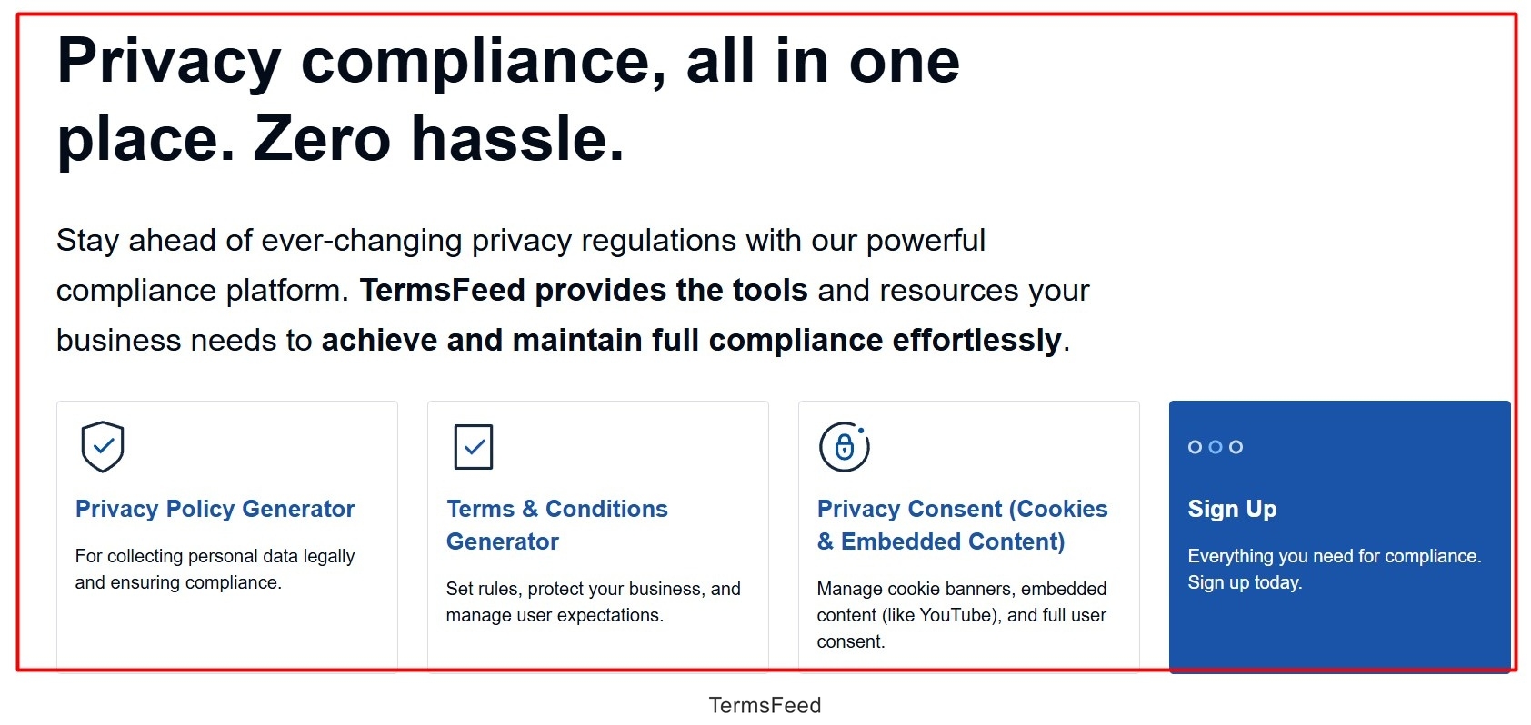 Screenshot of the TermsFeed Home page - Privacy Compliance All-in-one place