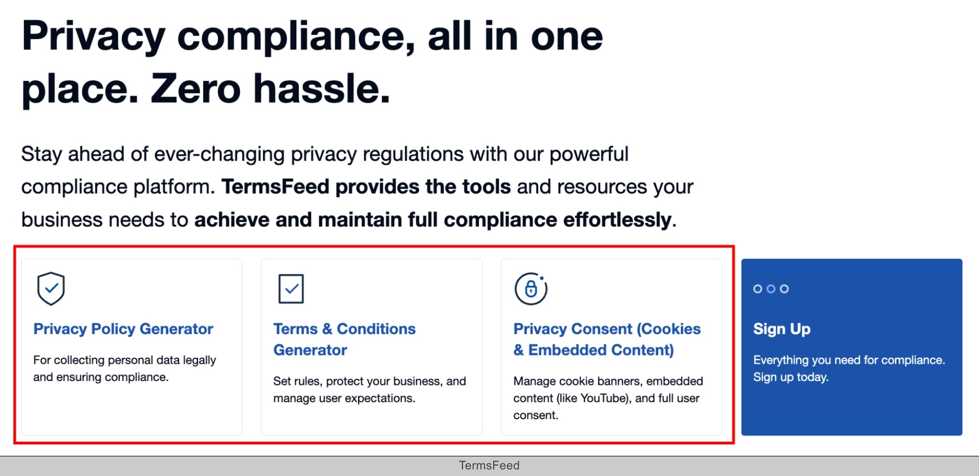 TermsFeed Privacy Policy and Terms and Conditions Generators and Privacy Consent solution highlighted